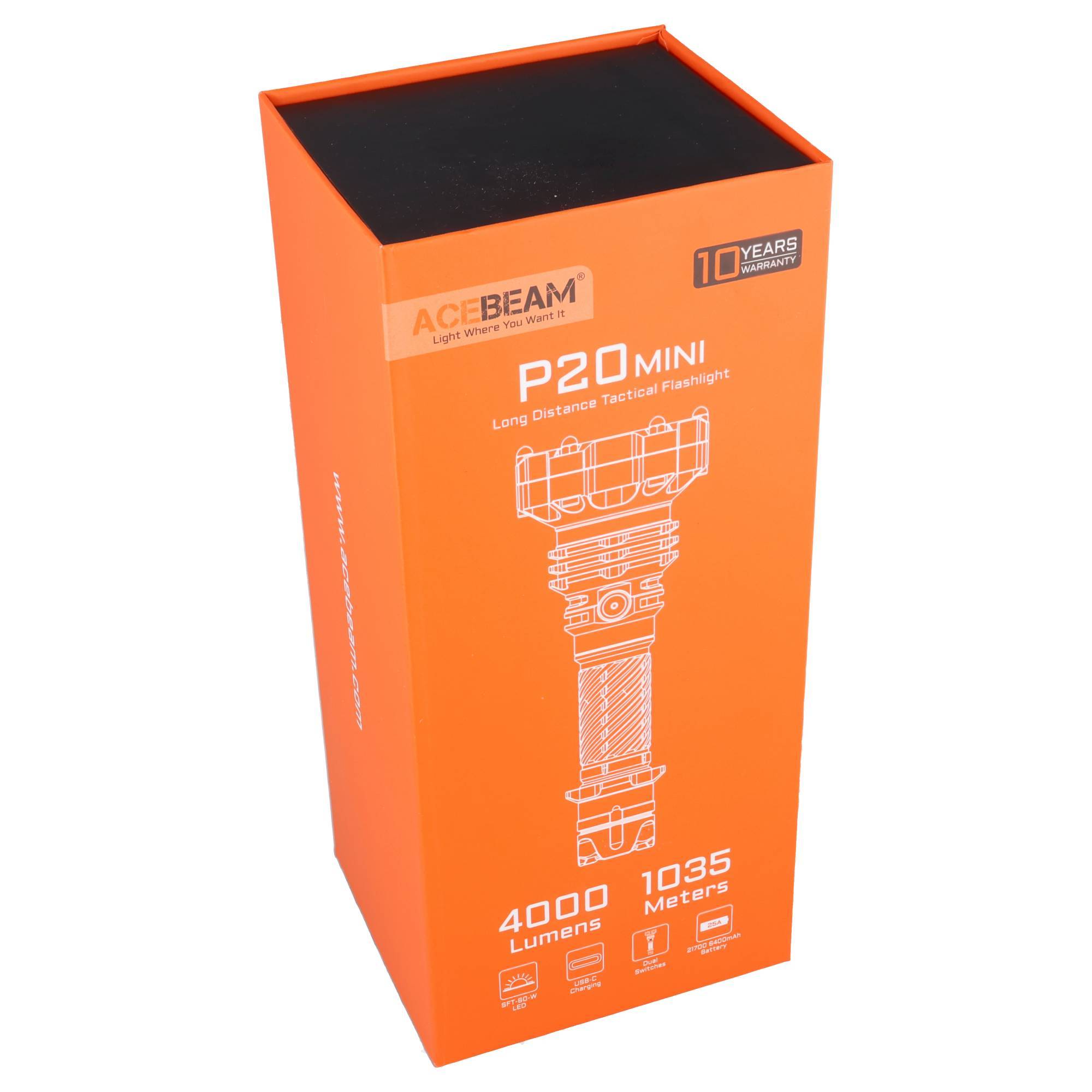 Orange Acebeam P20 Mini Taktische Taschenlampe Box zeigt 4000 Lumen, 1035 Meter und „10 Jahre Garantie