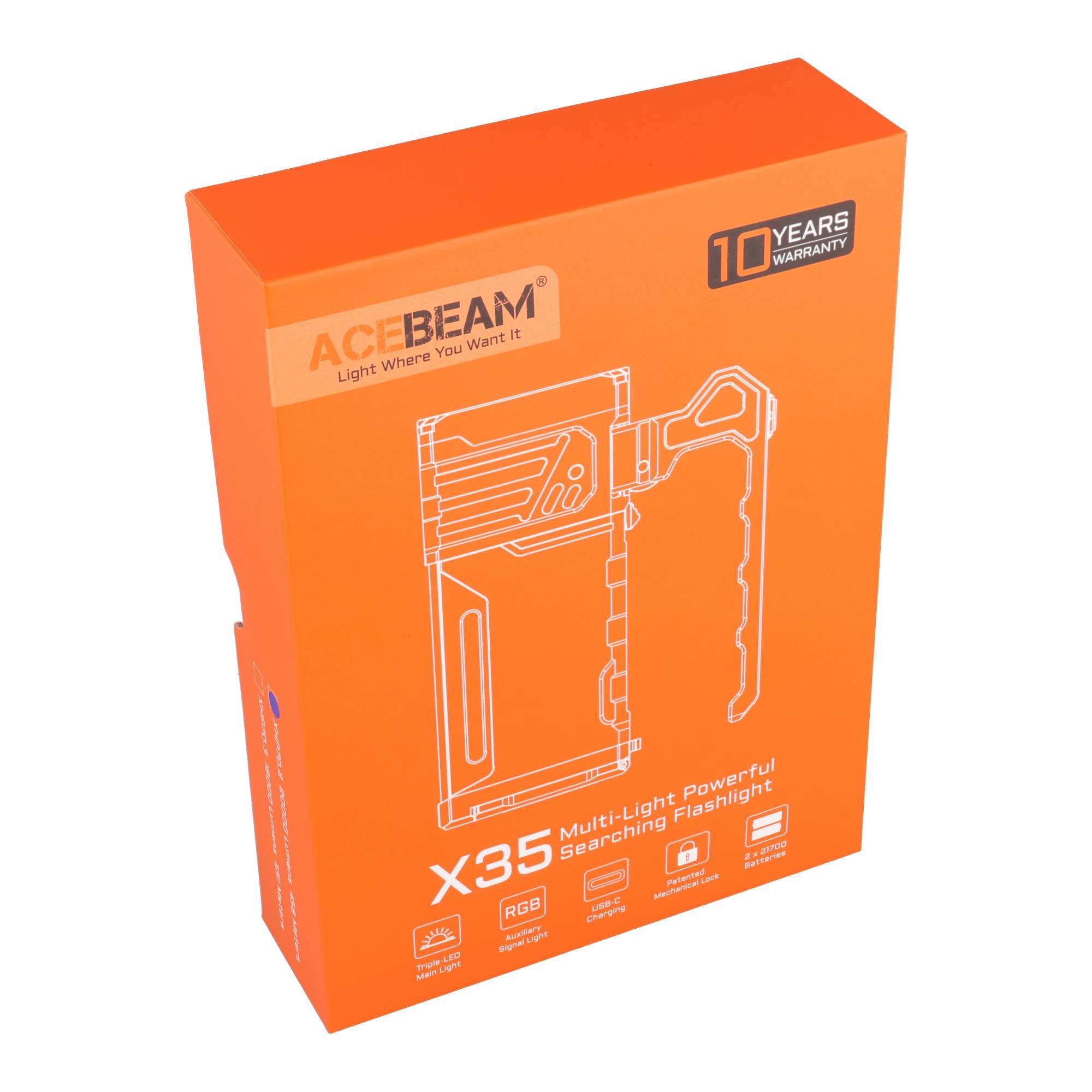 Orange ACEBEAM X35 Multi-Licht-Hochleistungs-Suchlampe Karton mit 10 Jahren Garantie Text und Produktkontur-Illustration.