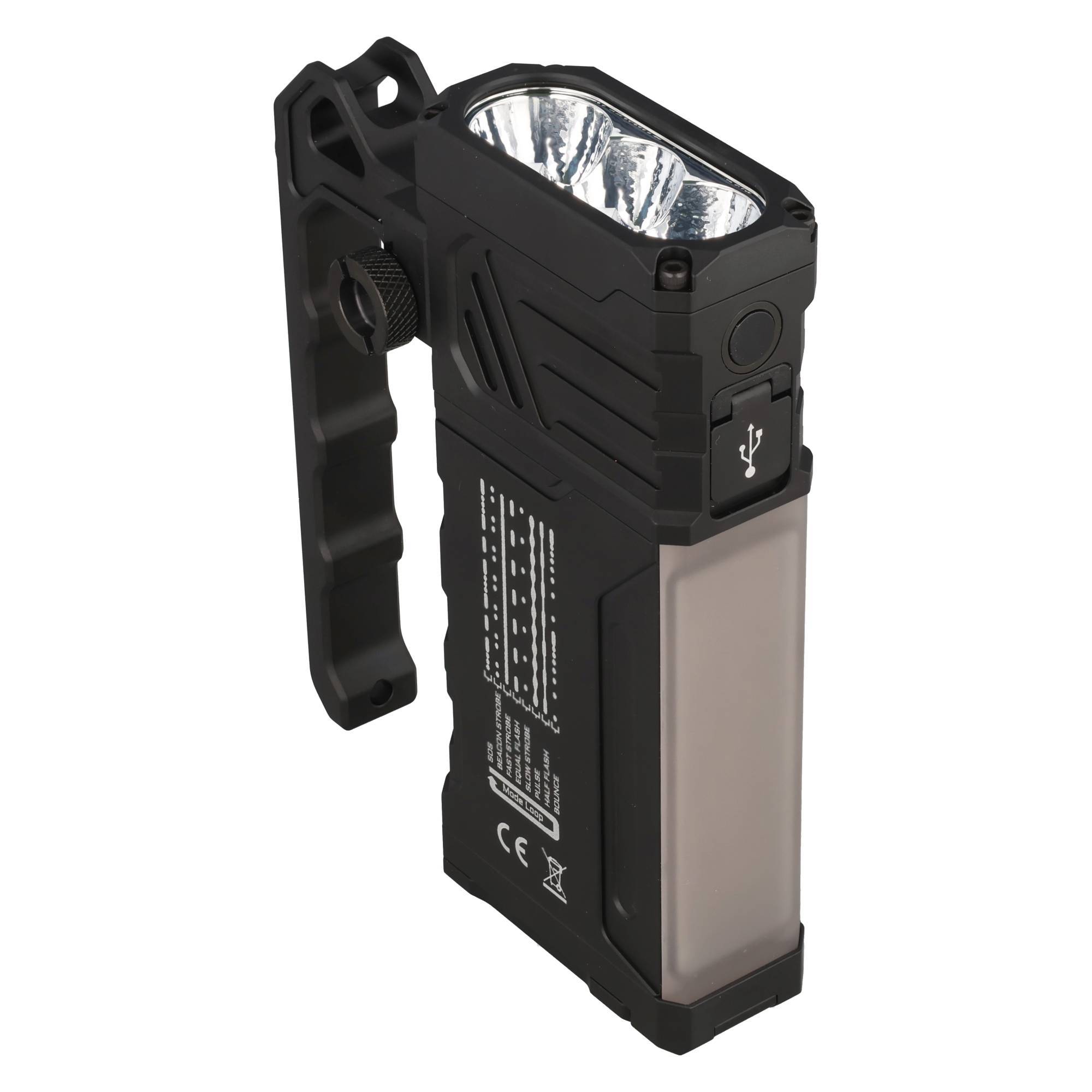 Schwarze tragbare LED-Taschenlampe mit Seitenklemme und USB-Ladeanschluss, auf weißem Hintergrund abgebildet.