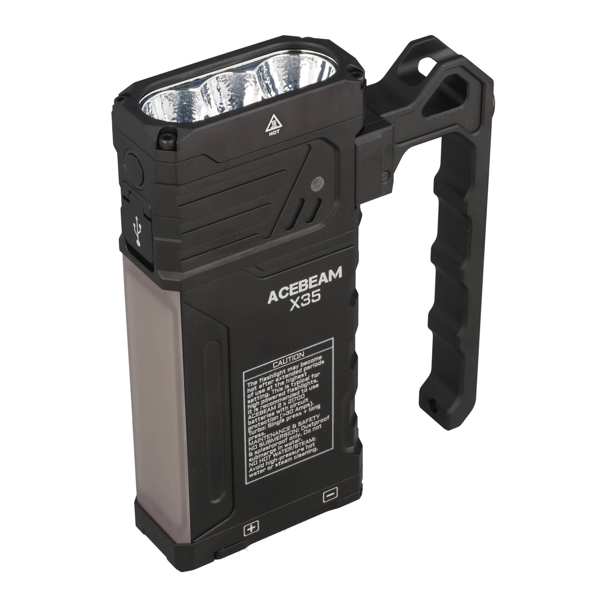 Schwarze ACEBEAM X35 Handlampe mit großem Seitengriff und reflektierendem Lampenkopf, gezeigt auf weißem Hintergrund.