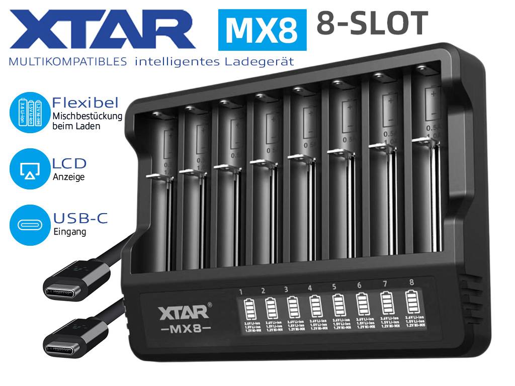 XTAR MX8 8-Slot-Intelligenzladegerät mit LCD-Display und USB-C-Eingang, das mehrere zylindrische Batterien auflädt.