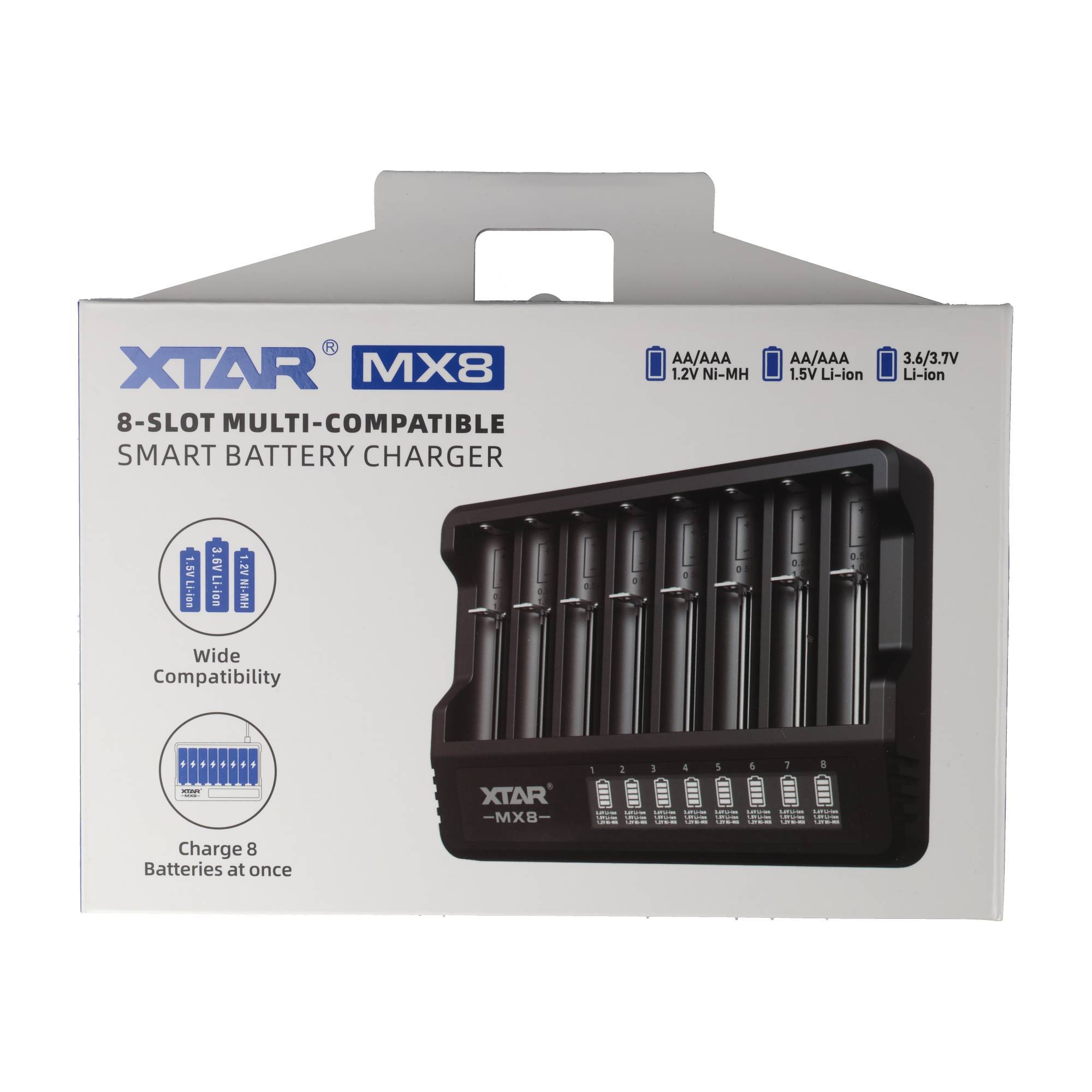 # Produktbox für XTAR MX8 8-Slot intelligentes Batterieladegerät, zeigt das Ladegerät und Symbole für breite Kompatibilität und gleichzeitiges Laden von 8 Batterien.