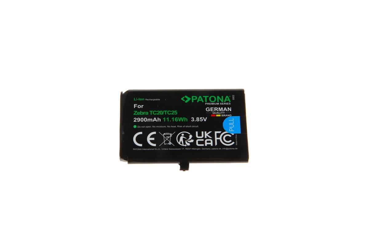 Schwarze PATONA Ersatzbatterie für Zebra TC20/TC25, gekennzeichnet mit 2900mAh, 11.16Wh, 3.85V mit Zertifizierungsmarken.