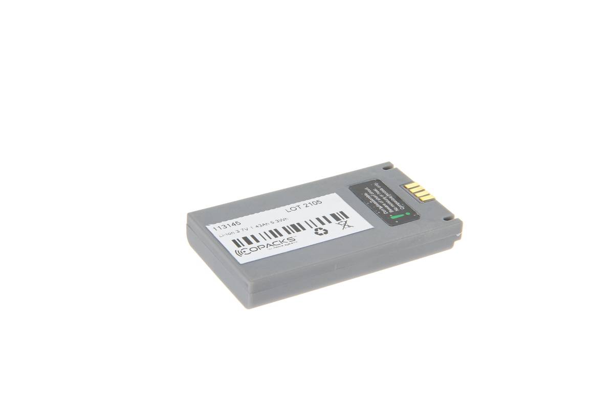 Graue Lithium-Ionen-Kamerabatterie mit Barcode-Etikett und goldenen Kontakten, gezeigt auf weißem Hintergrund.