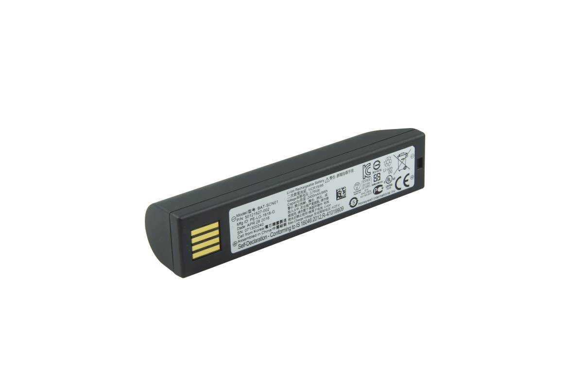 Schwarzes rechteckiges wiederaufladbares Batteriepack mit einer beschrifteten Seite und goldfarbenen Steckkontakten an einem Ende, gezeigt auf weißem Hintergrund.