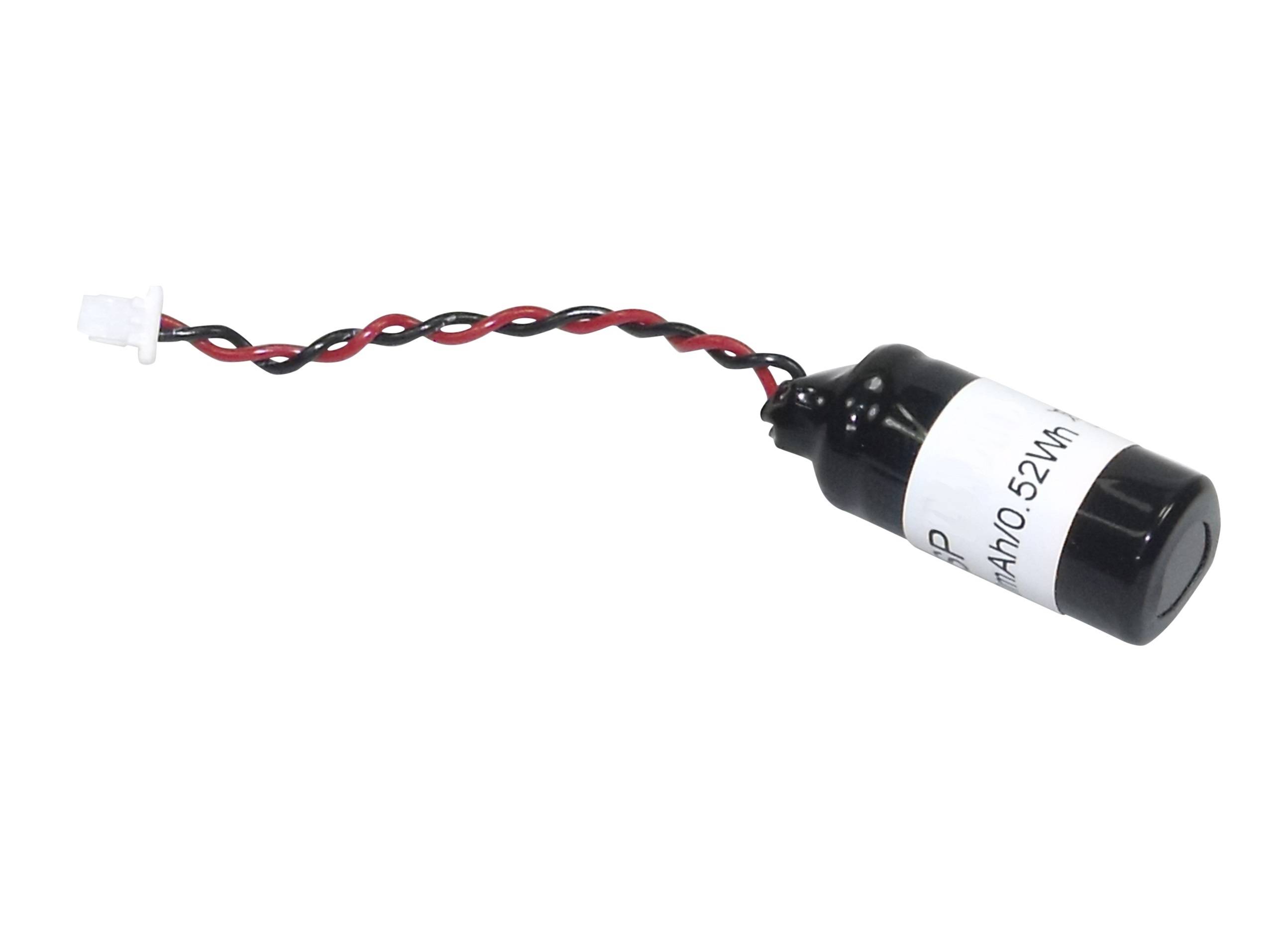 Kleines schwarzes zylindrisches elektronisches Bauteil mit roten und schwarzen verdrehten Drähten und einem weißen Stecker auf weißem Hintergrund.