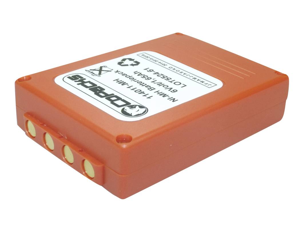 Orange rechteckiges wiederaufladbares Batteriepack mit vier Metallklemmen und einem Produktetikett oben