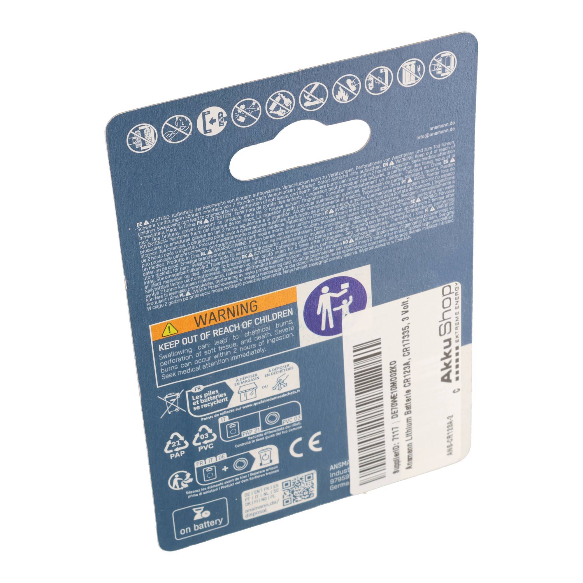 Ansmann Lithium Batterie CR123A, CR17335, 3 Volt, 2 Stück