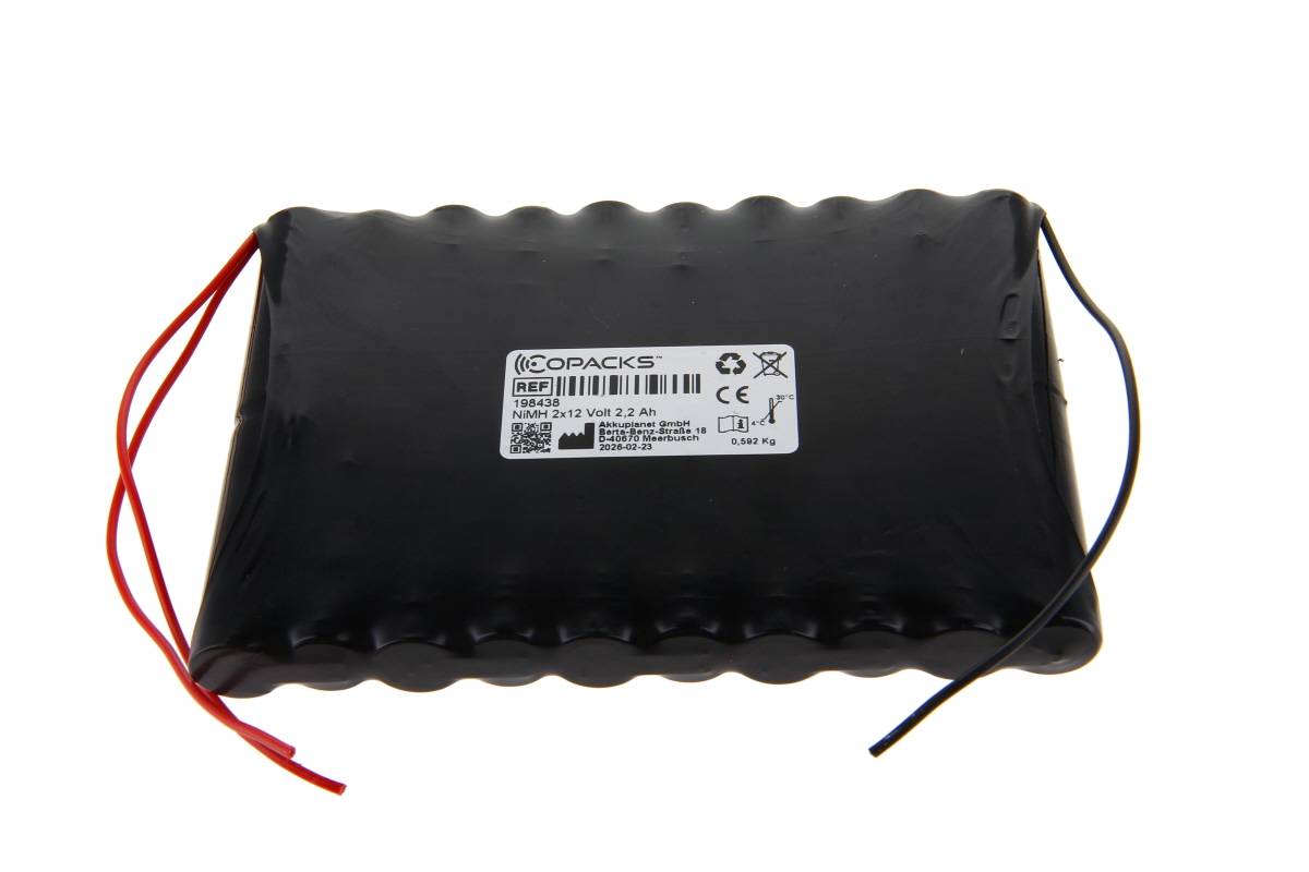 Schwarze, in Schrumpffolie verpackte wiederaufladbare Batterie mit roten und schwarzen Kabeln und einem kleinen weißen Spezifikationsetikett.