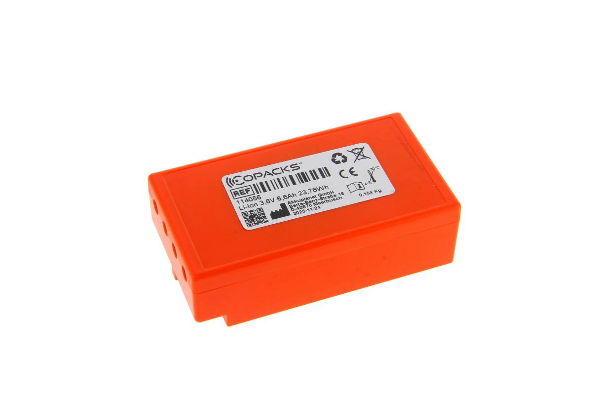 Orange rechteckiges wiederaufladbares Batteriepaket mit beschrifteter Oberseite und elektrischen Anschlüssen, gezeigt auf weißem Hintergrund.