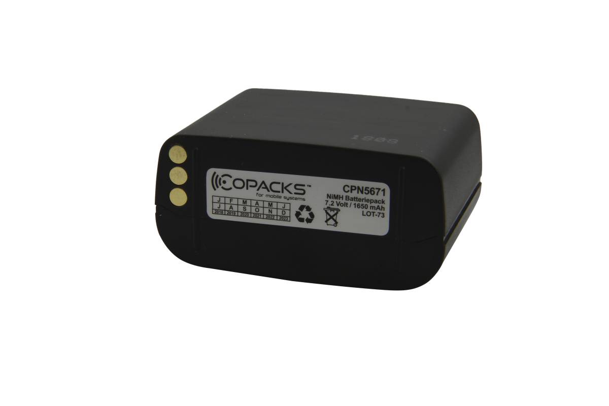 Schwarzes rechteckiges Copacks-Batteriepack mit Etikett und drei goldenen Kontaktpunkten auf der linken Seite.