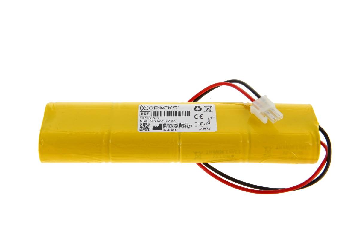 Gelbes wiederaufladbares Batteriepaket mit angebrachten roten, schwarzen und weißen Drähten und Stecker auf weißem Hintergrund.