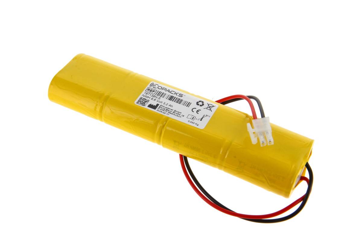 Gelb verpacktes wiederaufladbares Batteriepaket mit angebrachten roten, schwarzen und weißen Drähten und Stecker.