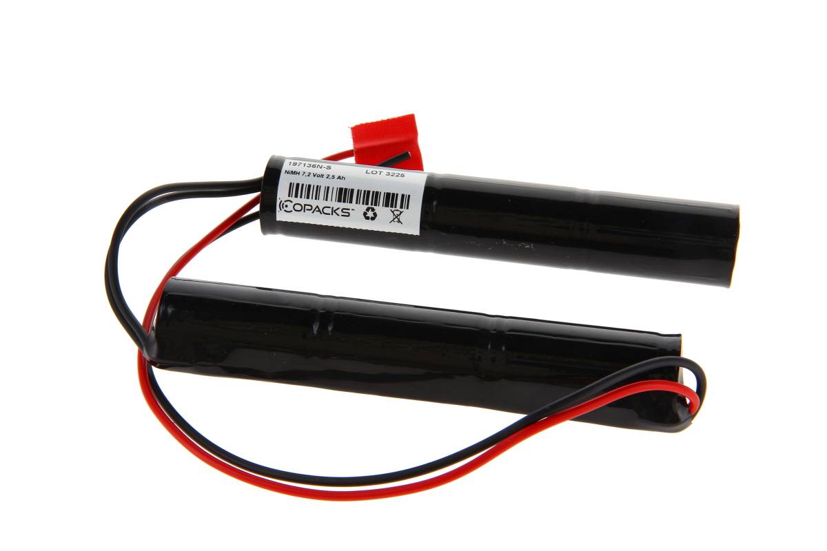 Zwei schwarze zylindrische Batteriepacks mit roten und schwarzen Kabeln und einem roten Stecker auf weißem Hintergrund.