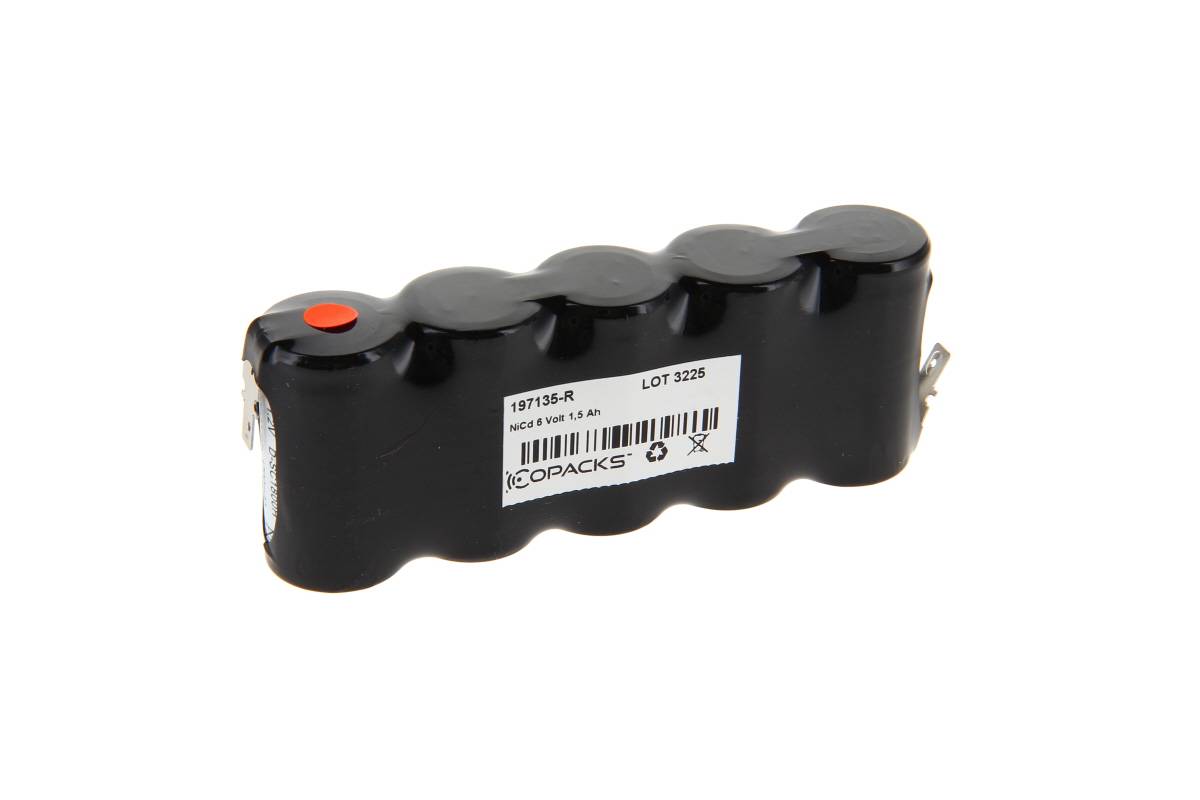 Schwarze zylindrische Batteriepacks mit rotem Anschluss und Etikett, gezeigt auf weißem Hintergrund.