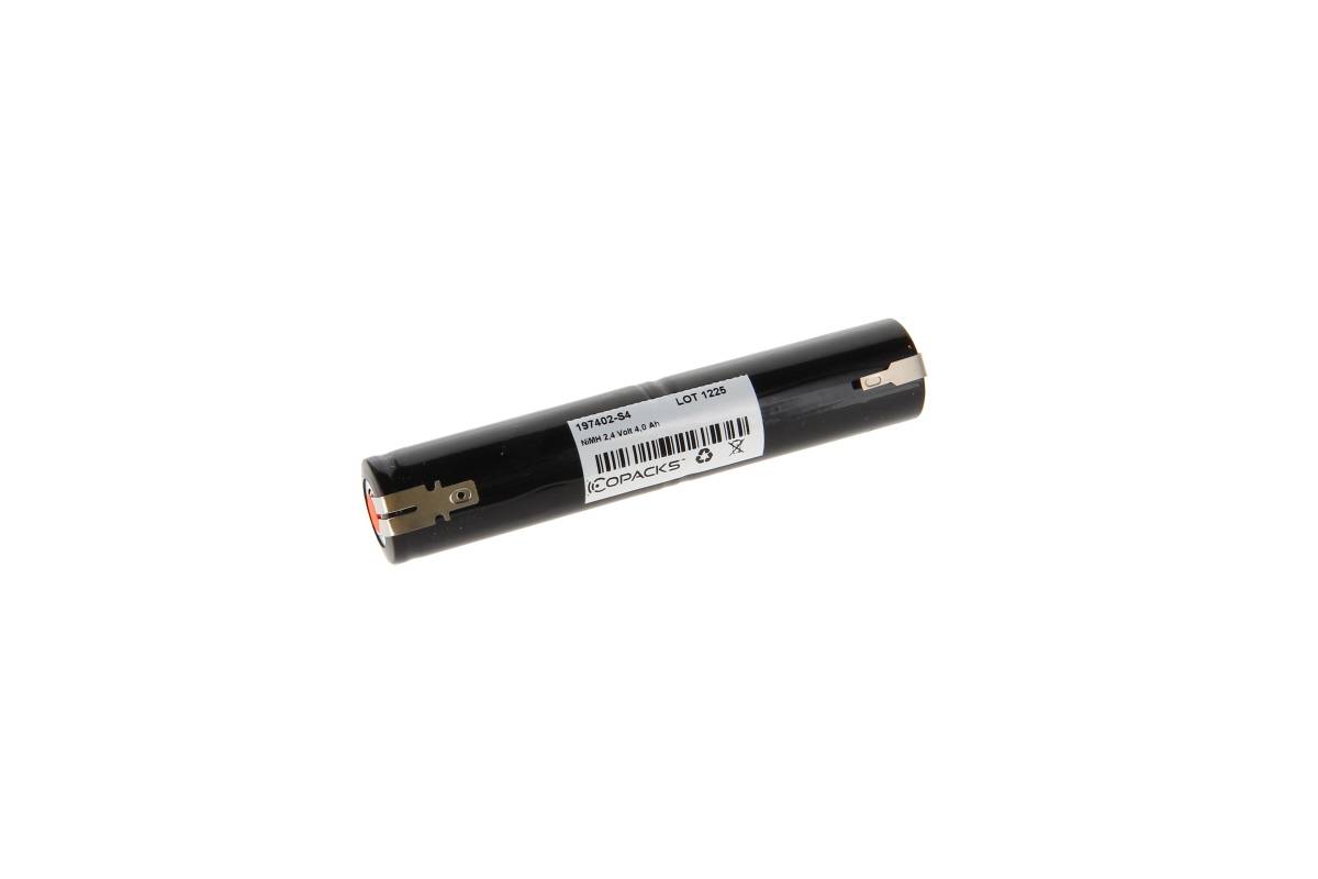 Schwarzes zylindrisches Batteriepack mit weißem Etikett, dargestellt auf einem einfachen weißen Hintergrund.
