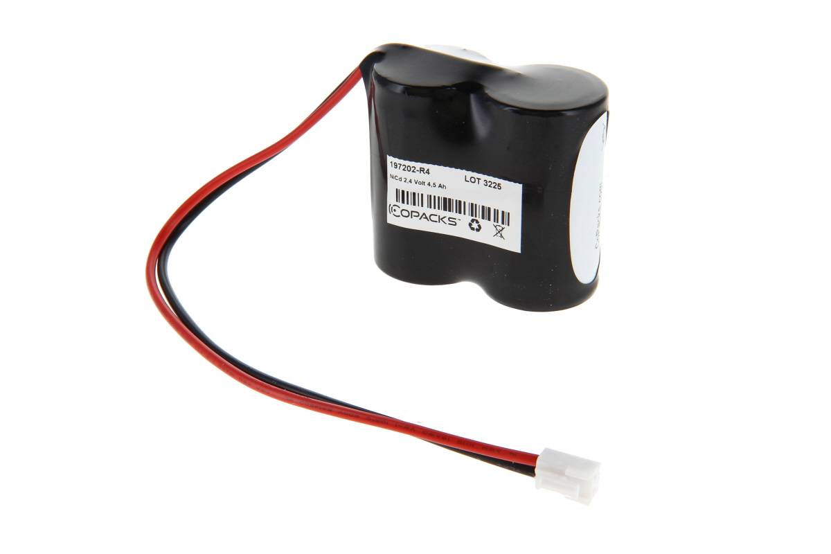 Schwarzes wiederaufladbares Batteriepack mit roten und schwarzen Leitungsdrähten, die in einem weißen Stecker enden.