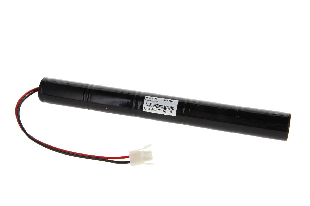 Schwarzes zylindrisches Batteriepack mit roten und schwarzen Kabeln, die in einem weißen Stecker enden