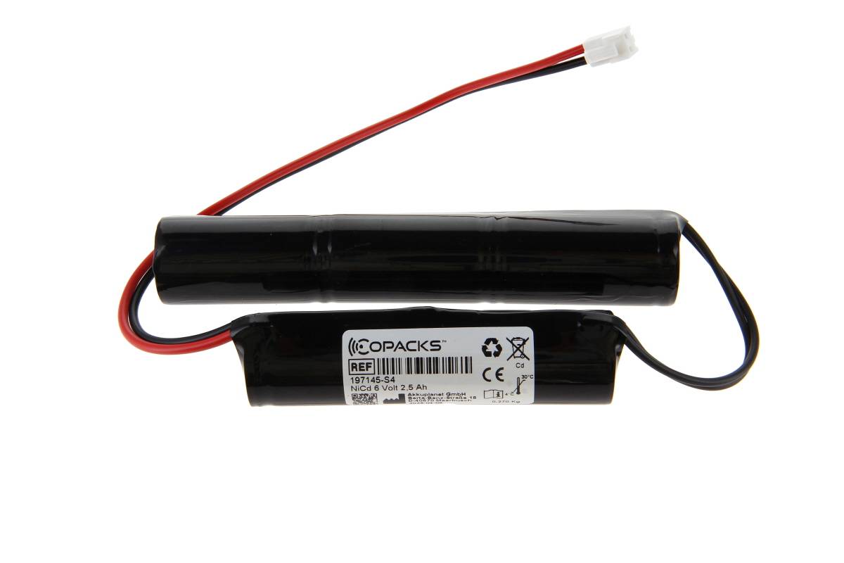 Zwei schwarze zylindrische Batteriepacks mit roten und schwarzen Kabeln und einem weißen Stecker, dargestellt auf weißem Hintergrund.