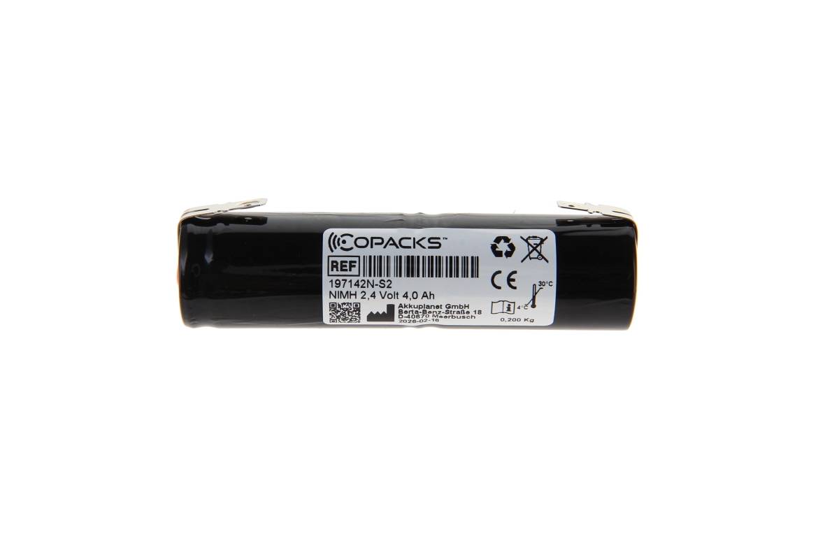 Ein schwarzes zylindrisches wiederaufladbares Batteriepaket mit der Bezeichnung „COPACKS