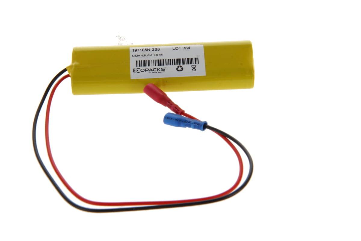 Gelbes zylindrisches Batteriepaket mit roten, schwarzen und blauen Drähten, die angebracht sind, gezeigt auf weißem Hintergrund mit einem Produktetikett.