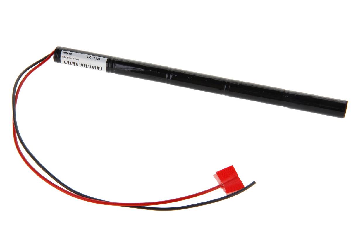 Schwarzer zylindrischer elektronischer Sensor oder Sonde mit roten, schwarzen und gelben Drähten und einer roten Anschlusslasche auf weißem Hintergrund.