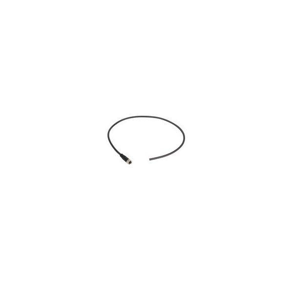 Ein schwarzes Kabel mit einem Anschluss, das auf einem einfachen weißen Hintergrund aufgerollt dargestellt ist.