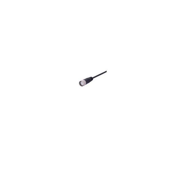 Ein kleiner schwarzer Kabelstecker mit einer runden silbernen Spitze auf weißem Hintergrund.