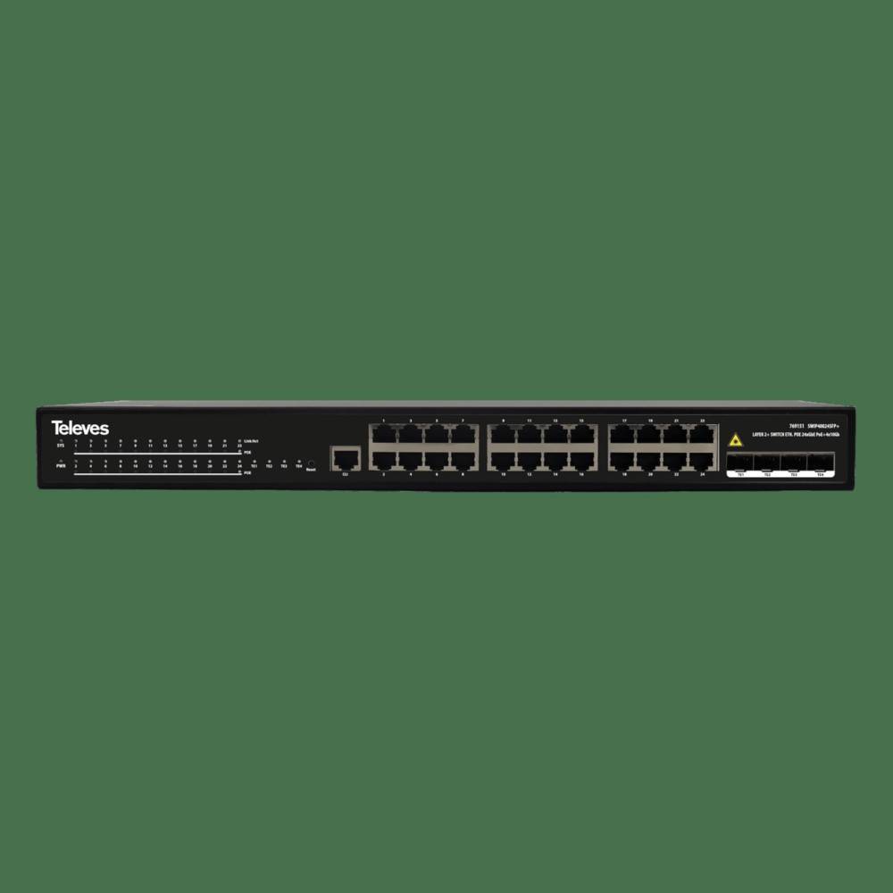Schwarzer Televes-Netzwerk-Switch mit Frontplatte mit mehreren Ethernet-Anschlüssen, Statusleuchten und einem Warnschild auf der rechten Seite auf grünem Hintergrund.
