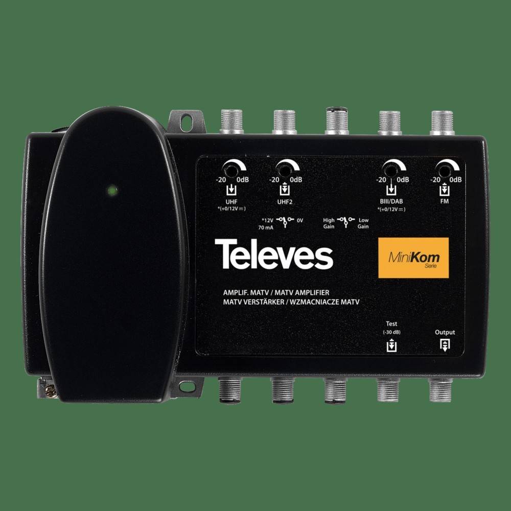 Televes MiniKom MATV-Verstärker mit mehreren Koaxialanschlüssen und gekennzeichneten UHF-, UHF2-, BIII/DAB- und FM-Verstärkungsreglern auf einem schwarzen Gehäuse.