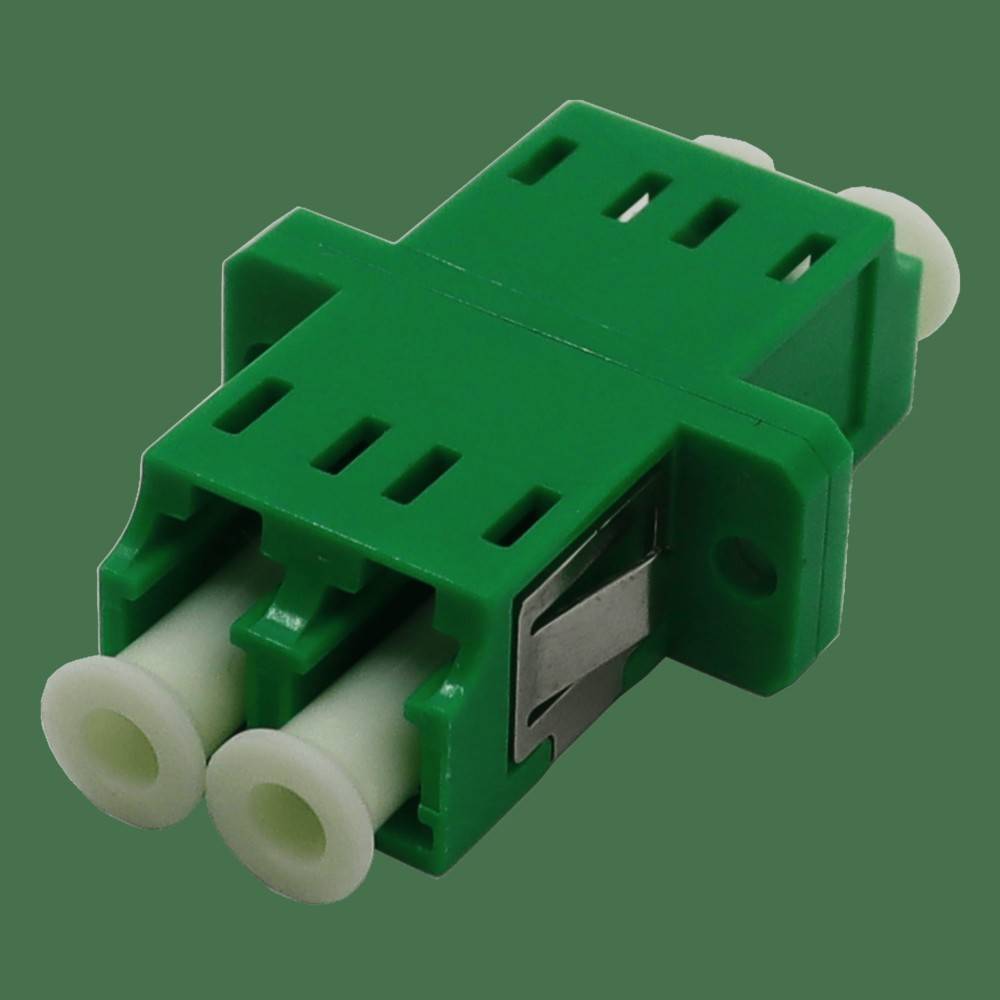 Grüner Faseroptik-Adapter mit zwei weißen Anschlussanschlüssen auf einfachem Hintergrund.