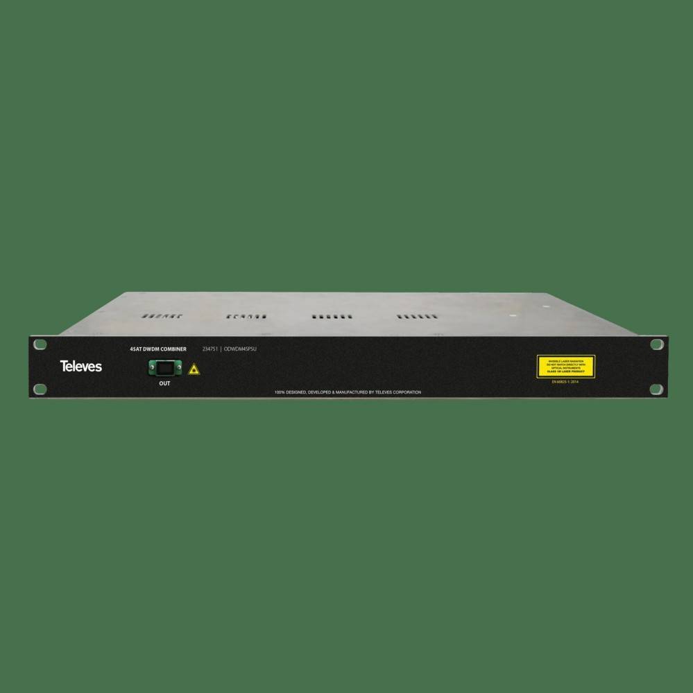 Frontansicht eines Televes Rack-Mount-Elektronikgeräts mit schwarzer Frontplatte, Status-LEDs und Warnetikett auf grünem Hintergrund.