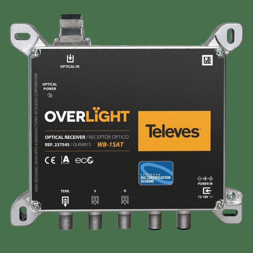 Televes OverLight Optical-Empfängermodul mit Montageklammern und fünf Koaxialanschlüssen.