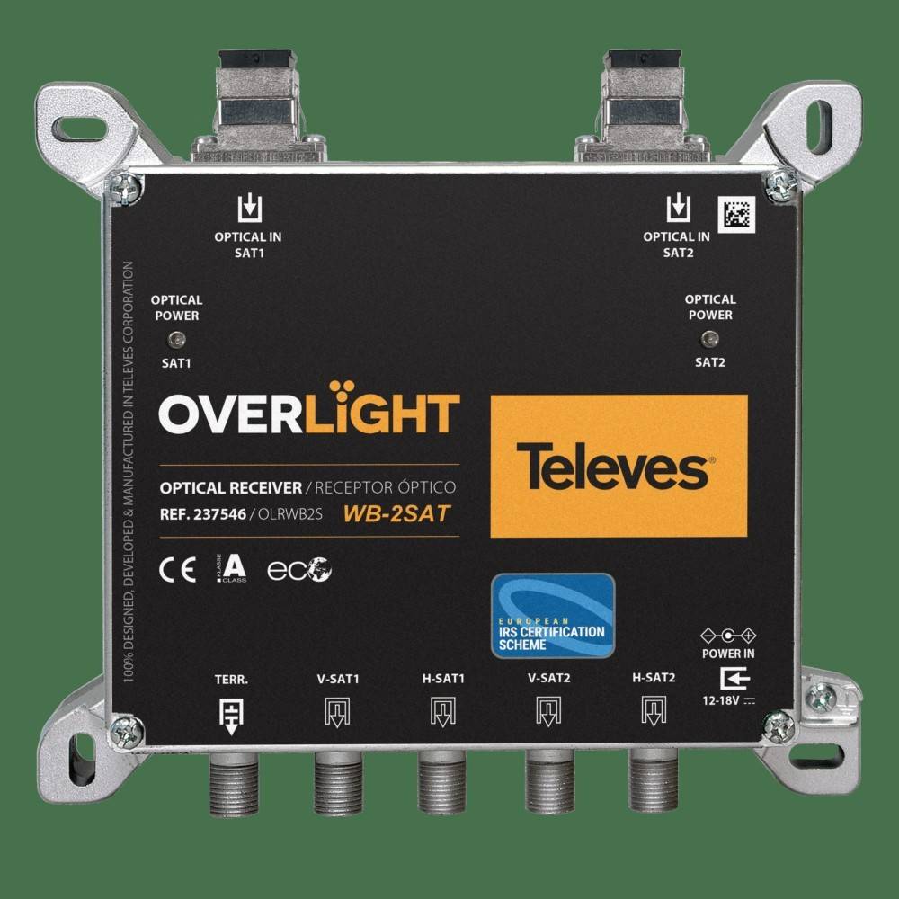 Televes OverLight Optischer Empfängermodul mit gekennzeichneten optischen Ein-/Ausgängen und fünf Koaxialsteckern auf einem Metallmontagrahmen.