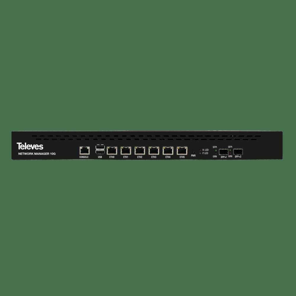 Vorderansicht einer Televes 'Network Manager 10G' Rack-Einheit mit Konsole, USB, mehreren Ethernet-Anschlüssen und Status-LEDs auf einem schwarzen Panel.