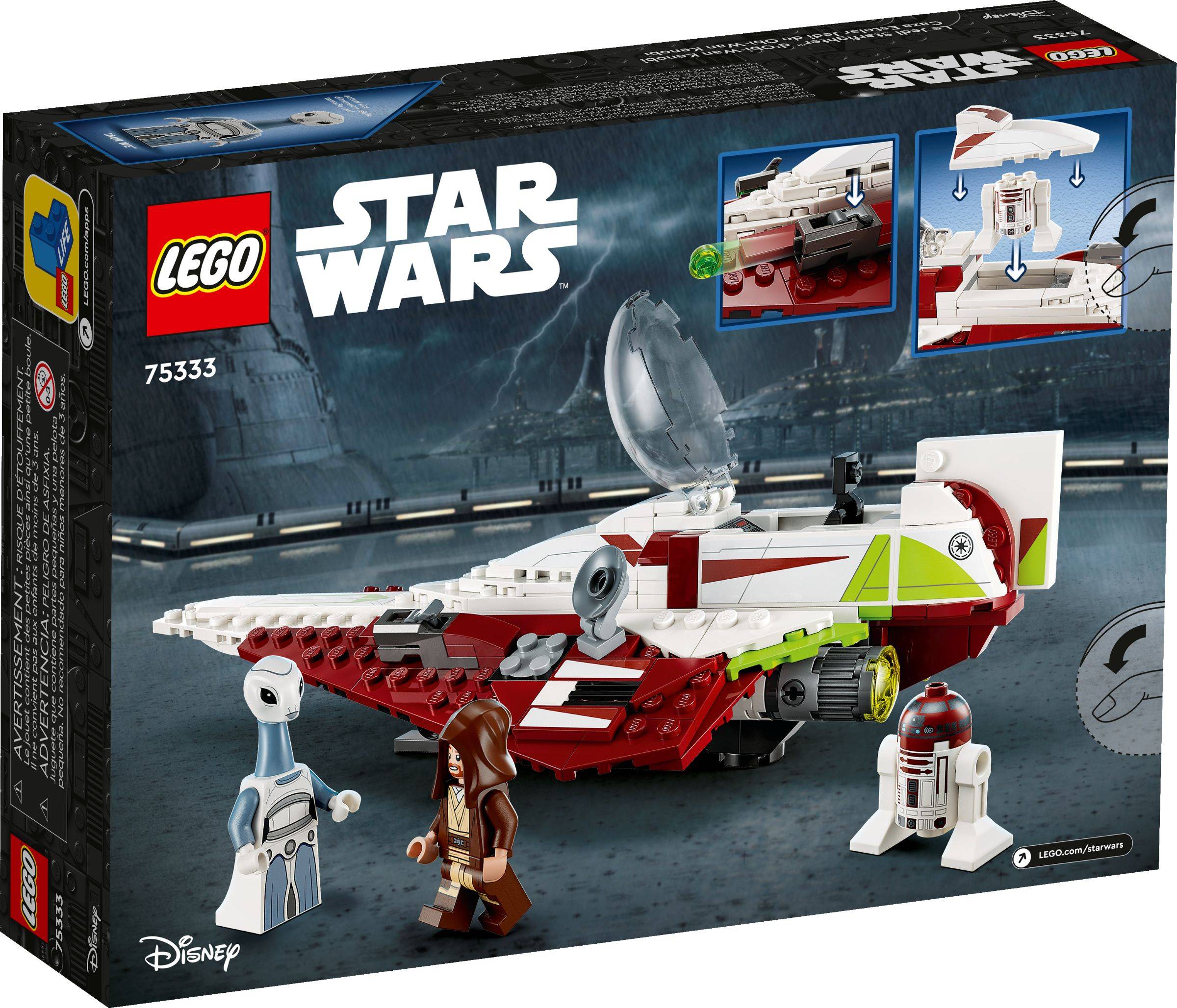 Die LEGO Star Wars-Schachtel für Set 75333 zeigt ein rot, weiß und grünes Raumschiff mit drei Minifiguren, darunter R2-D2 und Obi-Wan Kenobi.