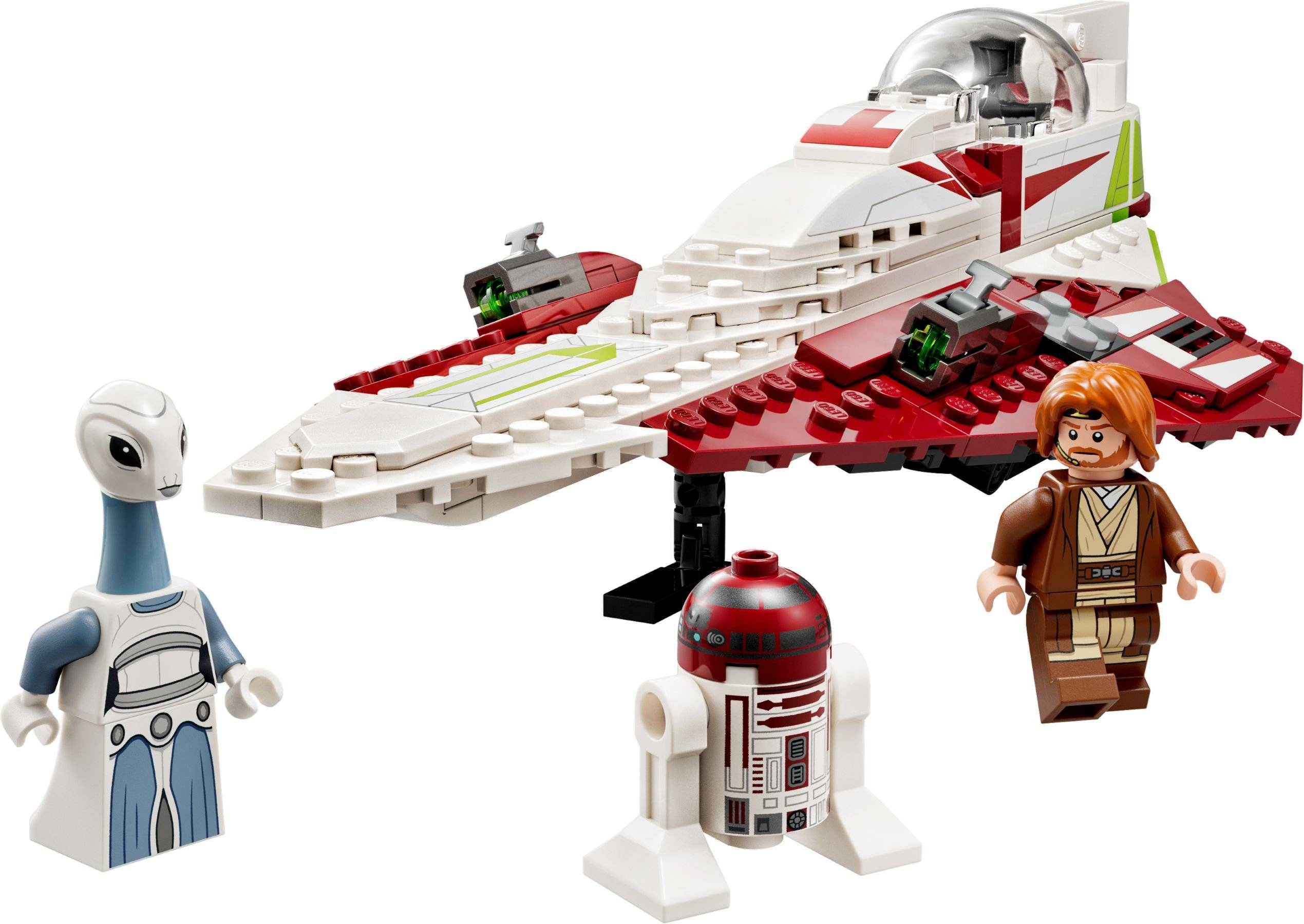 LEGO Star Wars Set mit einem weiß-roten Raumschiff und vier Minifiguren, darunter ein Jedi, ein Astromech-Droide und ein blauer Alien.