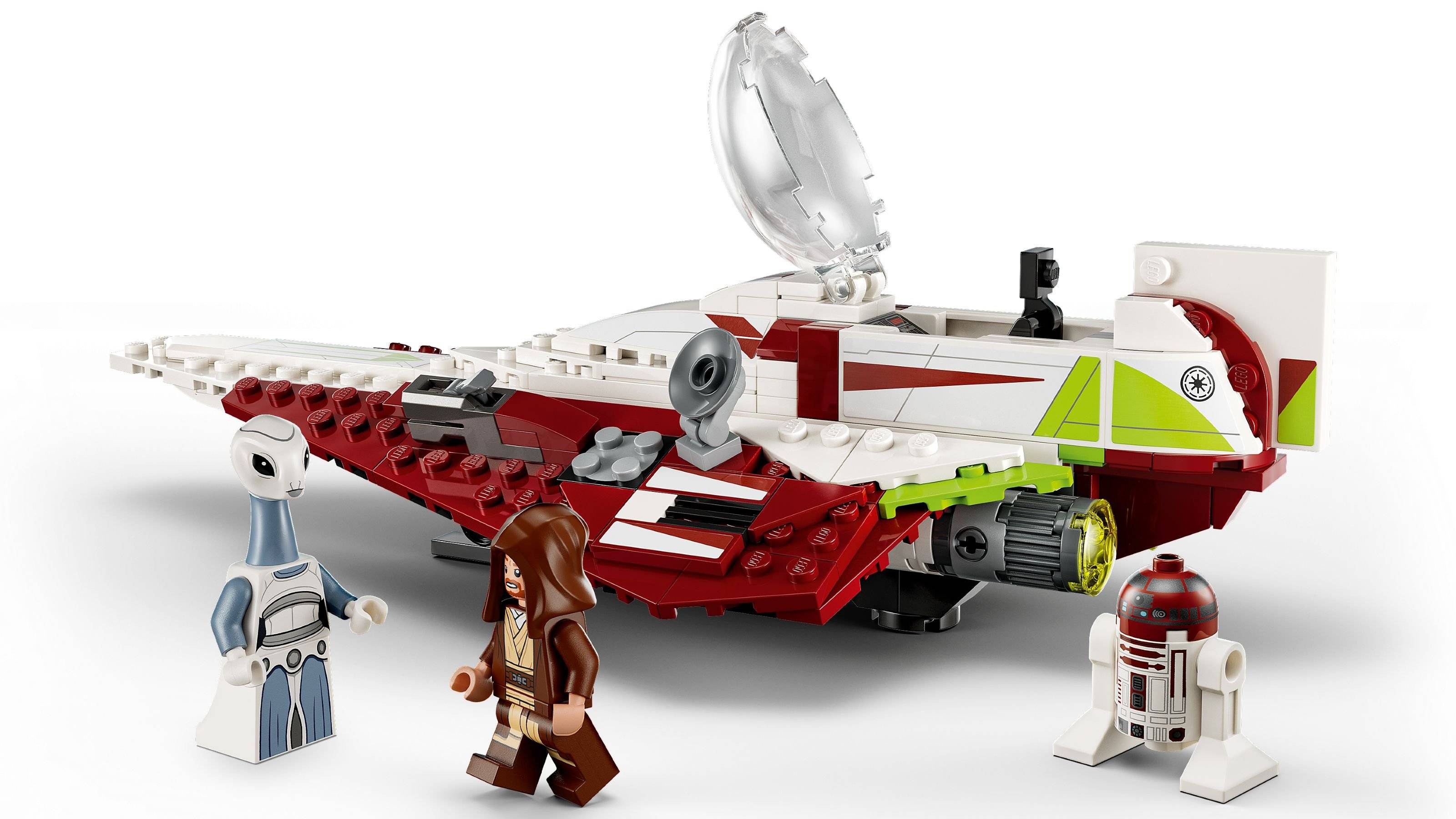 LEGO Star Wars Raumschiff-Set mit vier Minifiguren, einschließlich Jedi und Droide, auf weißem Hintergrund abgebildet.