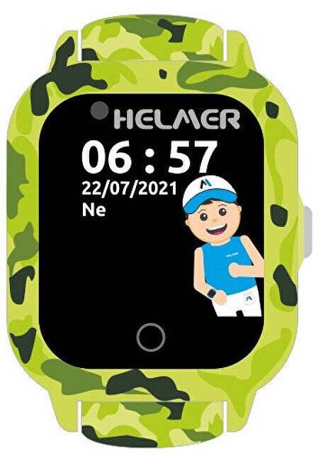 Grüne Camouflage-Kindersmartuhr mit schwarzem Bildschirm zeigt 'HELAMER', Zeit 06:57, Datum 22/07/2021 und einen Cartoon-Jungen-Athleten.