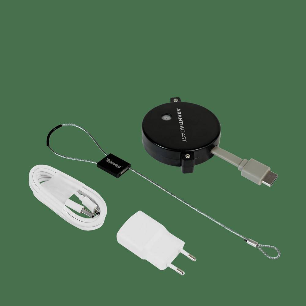 Funkkabellos-Display-Adapter-Set mit rundem schwarzem Sender, USB-C-Kabel, weißem USB-Kabel und Netzteil auf grünem Hintergrund.