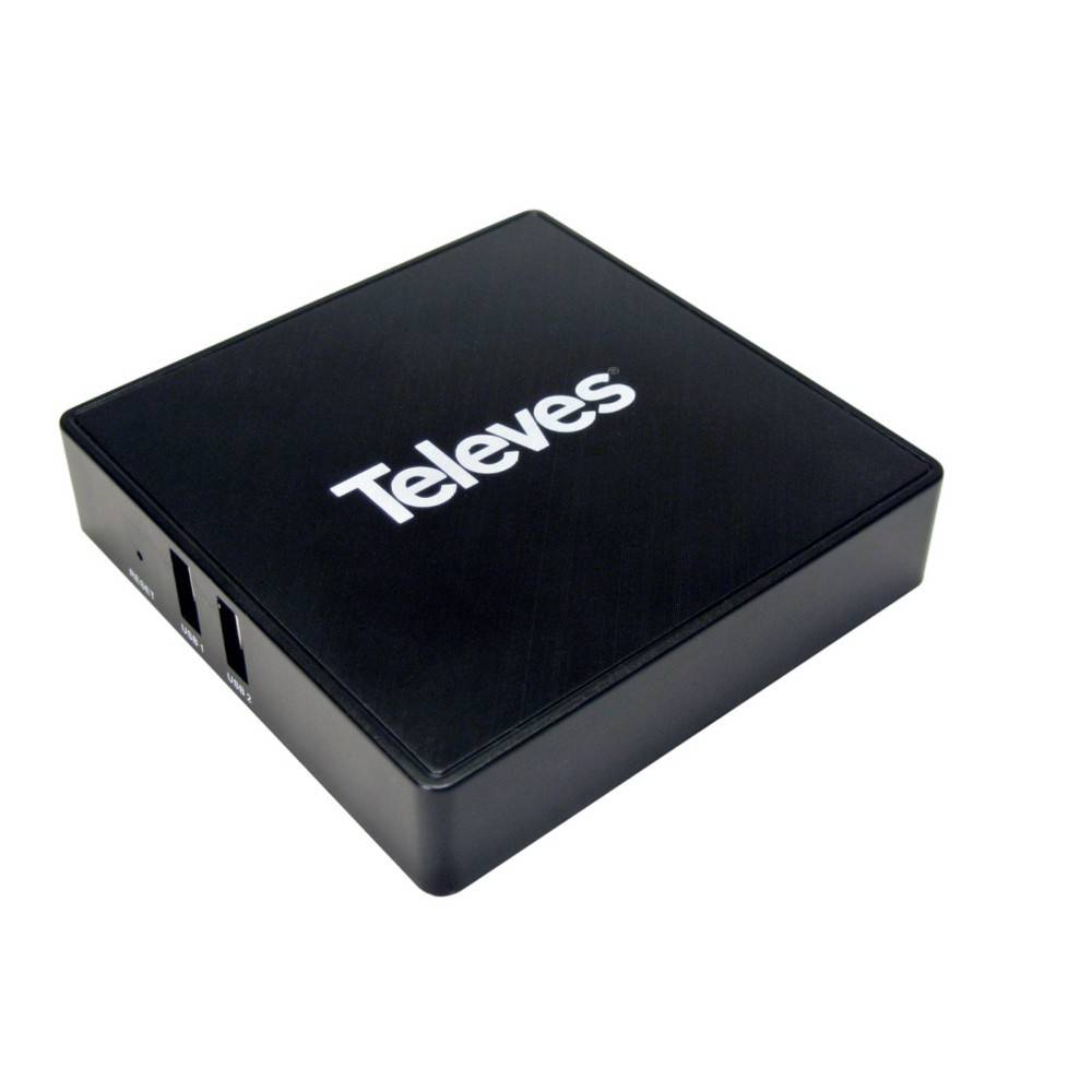 Schwarzes Televes-Elektronikgerät oder Set-Top-Box in Schrägansicht, mit Logo oben und sichtbaren Seitenports.