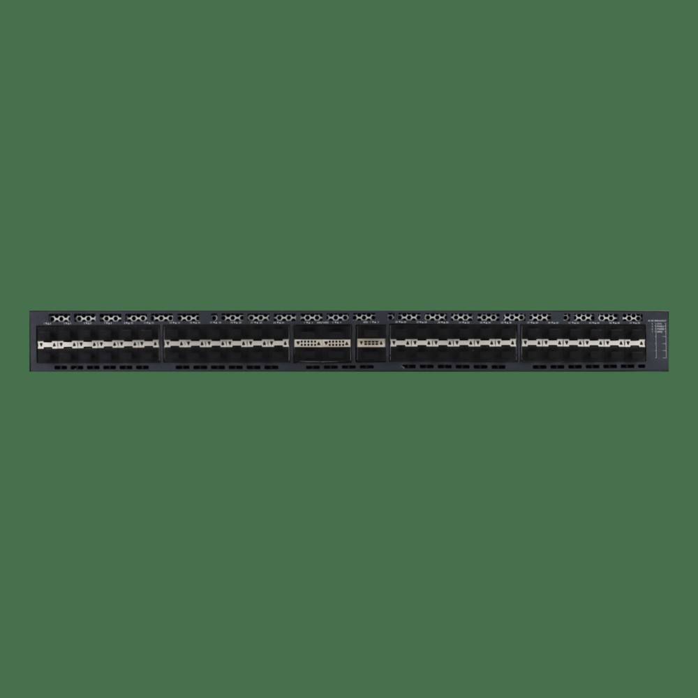 Vorderansicht eines Rack-Mount-Netzwerk-Switches mit vielen Ethernet-Anschlüssen und Status-LEDs auf der Frontplatte.