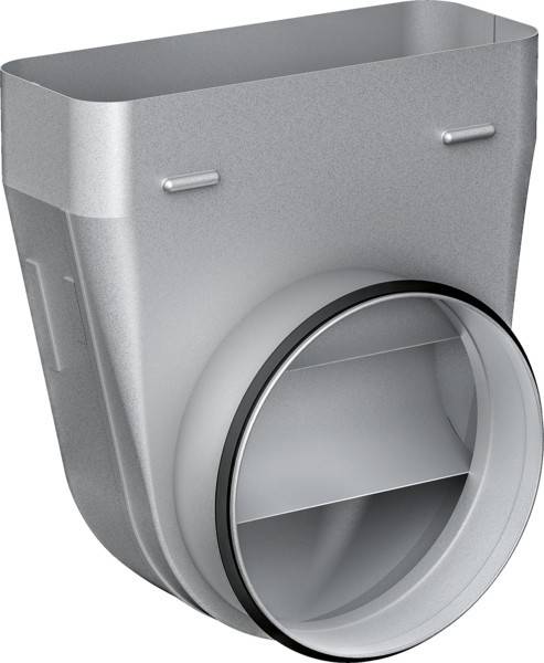 Silbernes Metallentlüftungsrohr oder Lüftungskasten mit großer kreisförmiger Öffnung und interner Leitschaufel, dargestellt auf weißem Hintergrund.