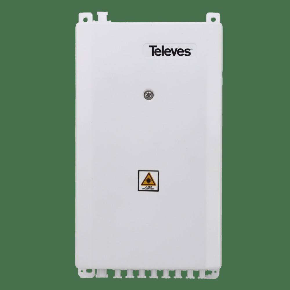 Weiße Televes-Elektroverteilerdose mit Warnschild, Vorderansicht auf grünem Hintergrund.