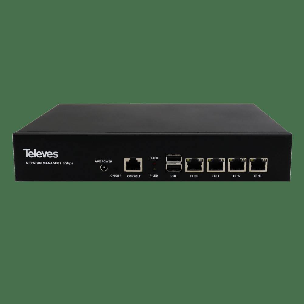 Televes Network Manager 2,5 Gbps Router Vorderansicht mit Stromversorgung, Konsole, USB und vier Ethernet-Anschlüssen mit den Bezeichnungen ETH0-ETH3.