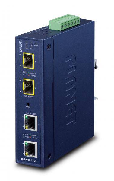 Industrieller PLANET Ethernet-Schalter mit vier RJ45-Anschlüssen und einer grünen Anschlussleiste oben, gezeigt auf weißem Hintergrund.
