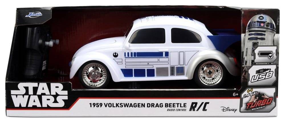 Star Wars-Themed 1959 Volkswagen Drag Beetle Ferngesteuertes Spielzeugauto in Weiß mit blauen R2-D2-Details, shown in its Produktbox.