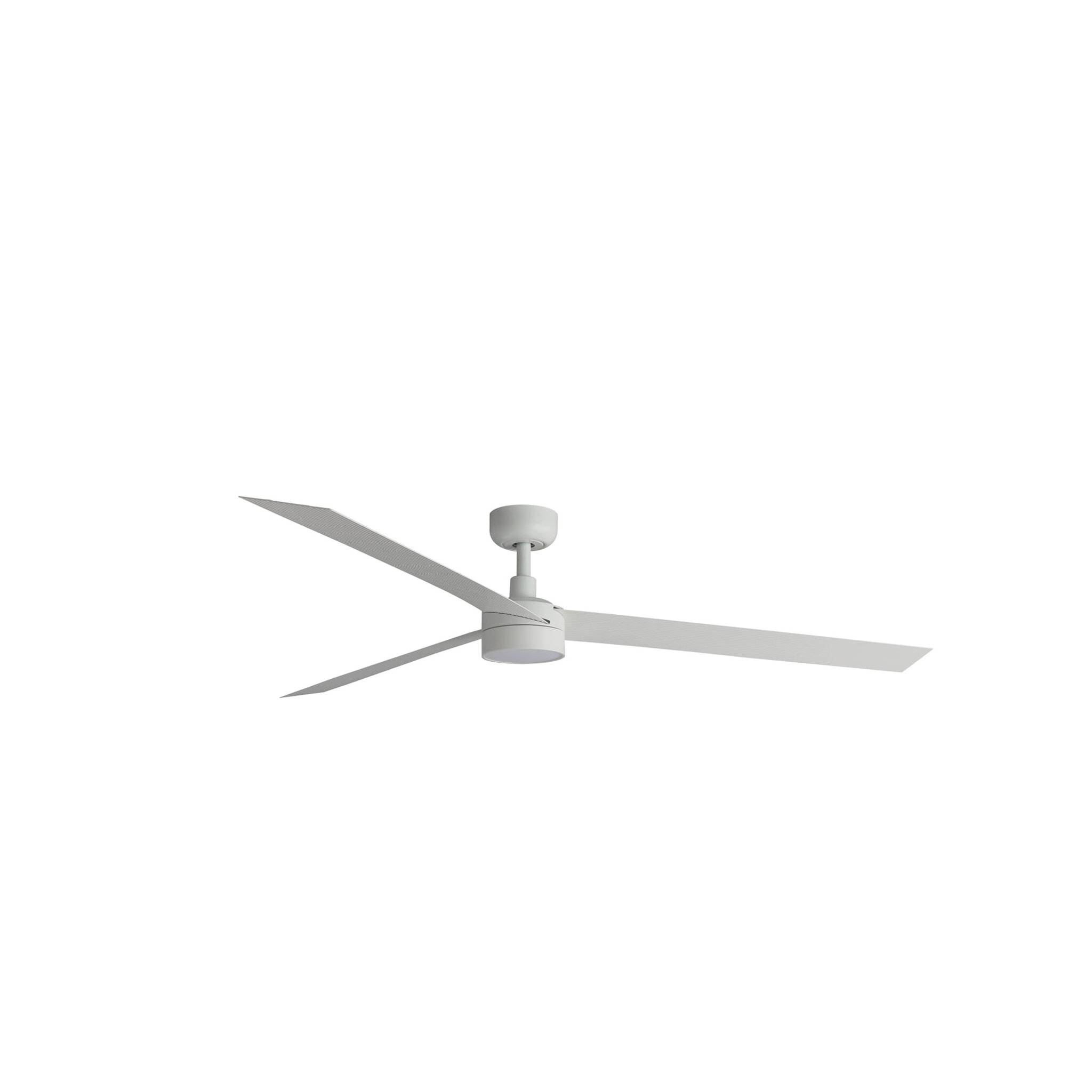 Deckenventilator mit drei Blättern, grauem Gehäuse und grauem Licht, gezeigt auf einfachem weißem Hintergrund.