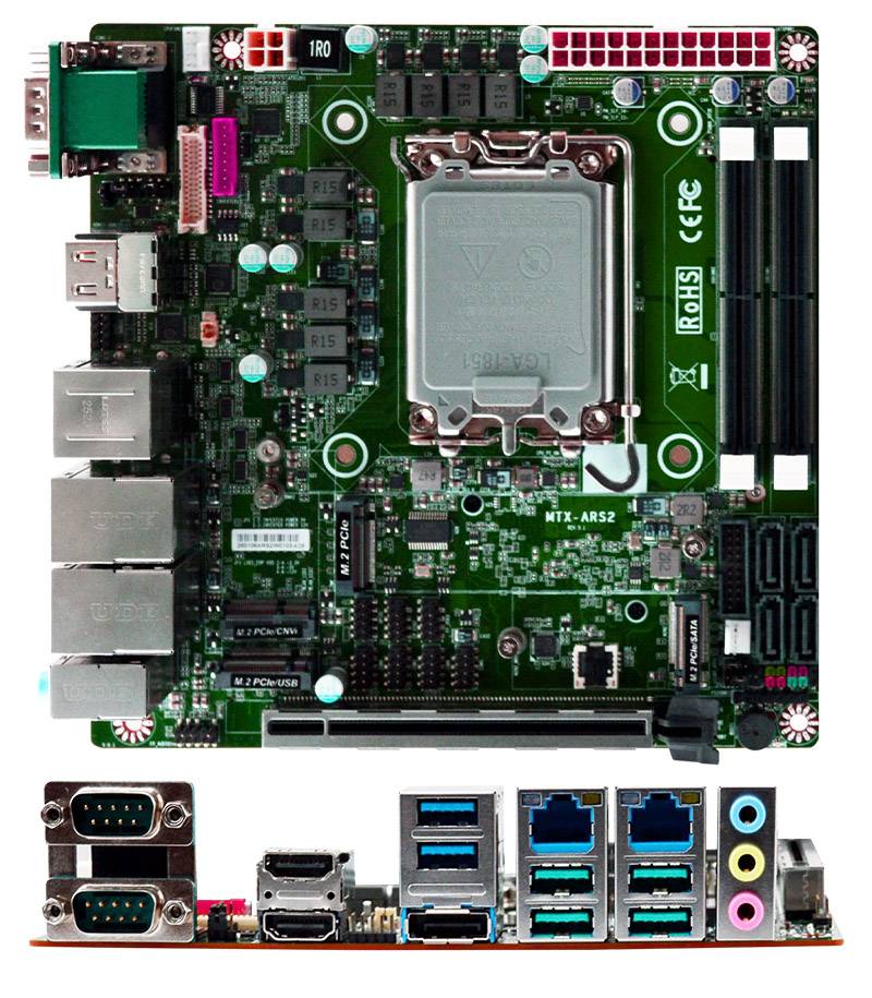 Computerhauptplatine mit CPU-Sockel, RAM-Steckplätzen, mehreren USB-, Ethernet-, Audio-, Video- und Erweiterungsanschlüssen auf den vorderen und hinteren Ein-/Ausgabepanelen dargestellt.