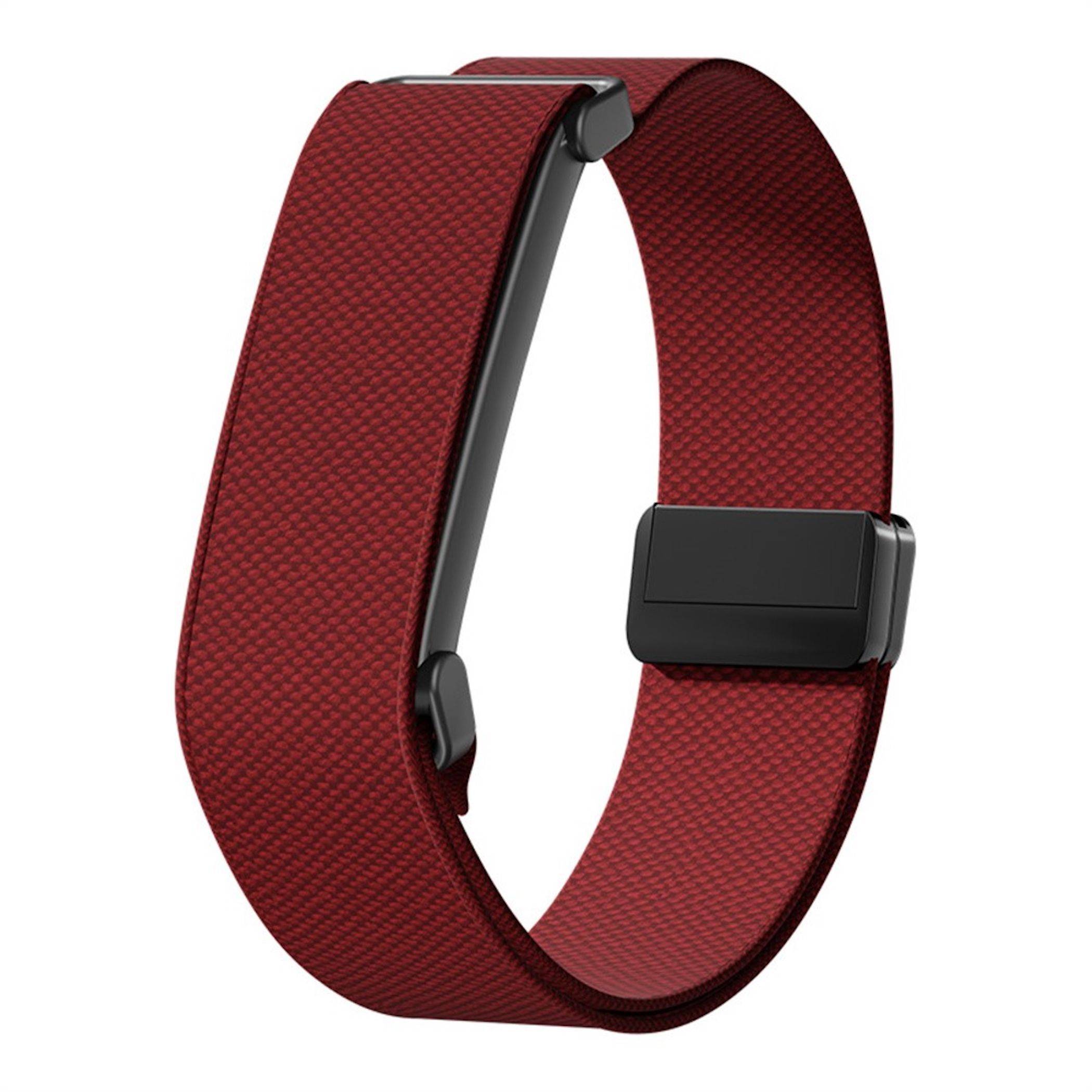 Rotes Fitness-Tracker-Band mit schwarzer Schließe, isoliert auf weißem Hintergrund dargestellt.